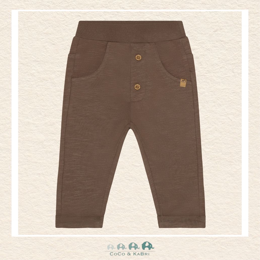 Front view of the Minymo Unisex Baby Sweatpants in Chocolate Chip brown featuring a soft elasticized waistband, ribbed ankle cuffs, and a flexible cotton-stretch fit
