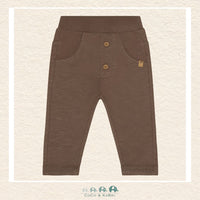 Front view of the Minymo Unisex Baby Sweatpants in Chocolate Chip brown featuring a soft elasticized waistband, ribbed ankle cuffs, and a flexible cotton-stretch fit