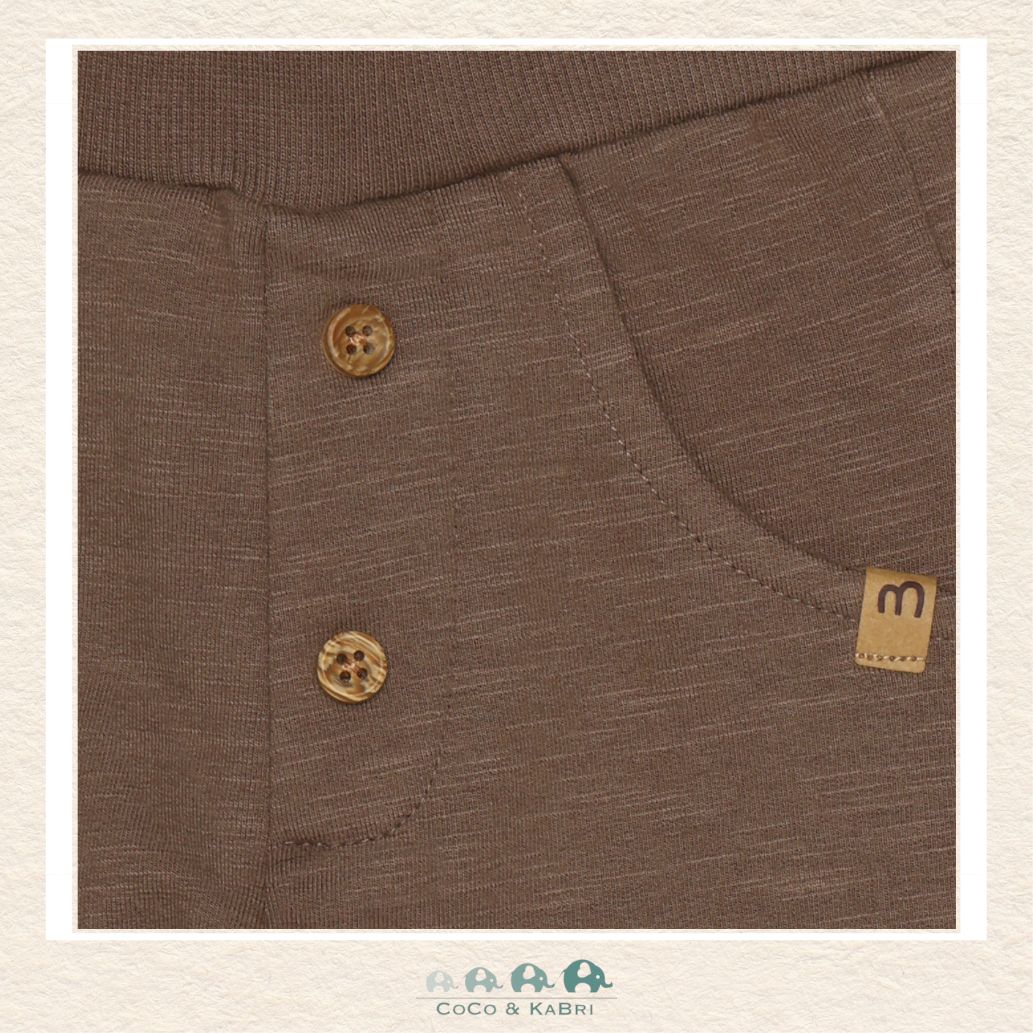 Close-up detail of the Minymo Sweatpants highlighting the rich Chocolate Chip brown color and the soft-touch ribbed texture of the premium cotton-knit fabric