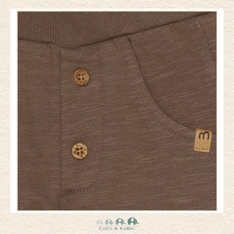 Close-up detail of the Minymo Sweatpants highlighting the rich Chocolate Chip brown color and the soft-touch ribbed texture of the premium cotton-knit fabric