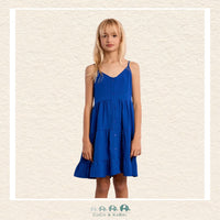 Front view of a girl wearing the Molly Bracken Cobalt Blue Ruffled Dress, showcasing the striking vibrant hue and the elegant full-length button-down detailing