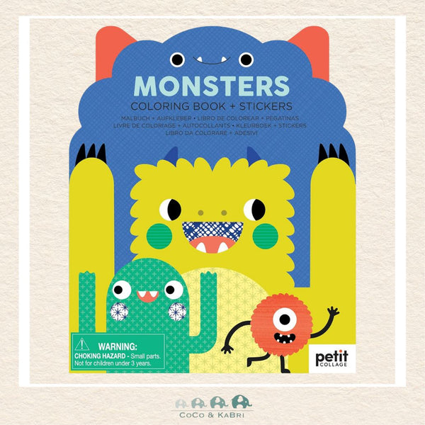 Monsters Coloring Book and Stickers featuring spooky scenes of monsters playing guitars and eating treats with over 100 stickers