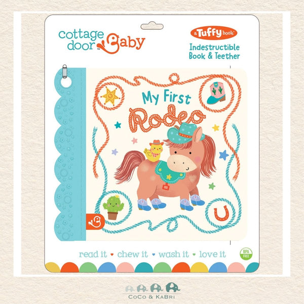 My First Rodeo Tuffy book featuring a cowboy and cowgirl theme with indestructible, chew-safe pages and a built-in stroller clip hole