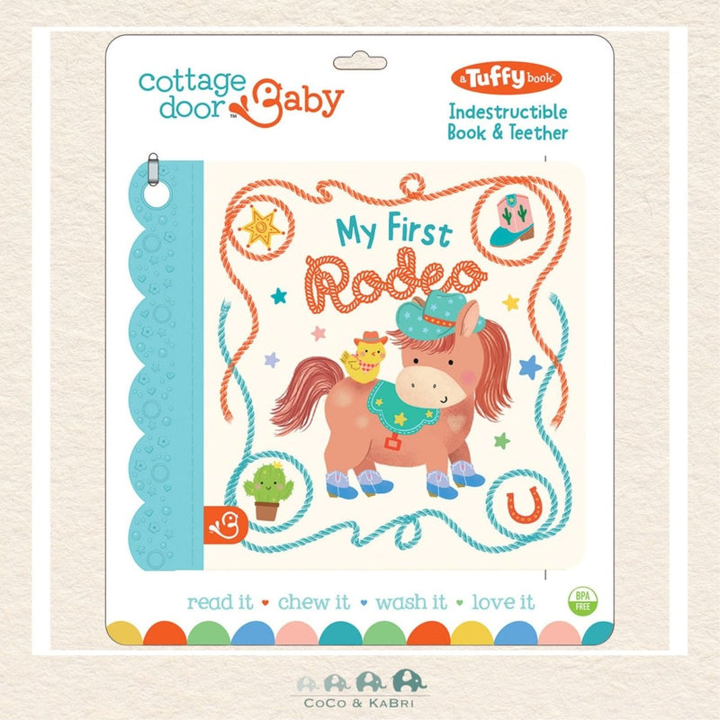 My First Rodeo Tuffy book featuring a cowboy and cowgirl theme with indestructible, chew-safe pages and a built-in stroller clip hole