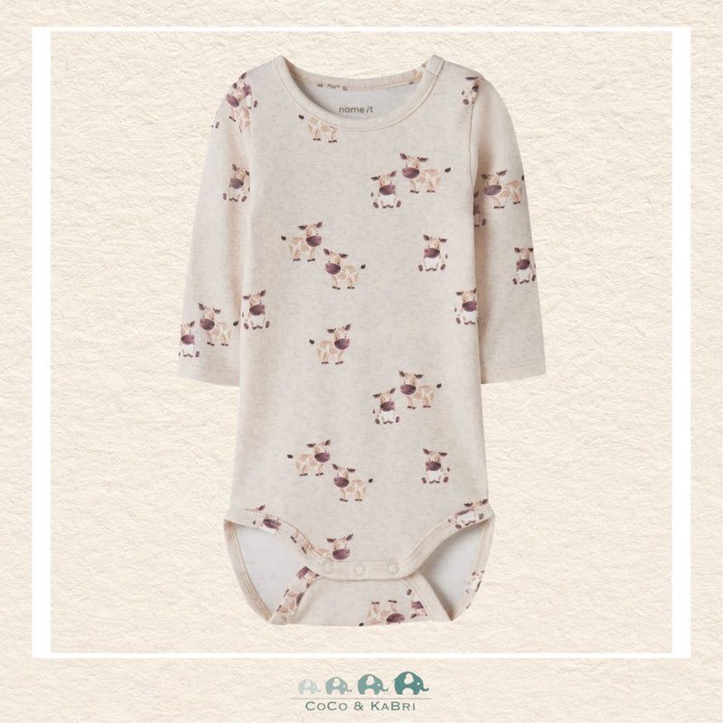 Front view of the Name It Baby Boy Diaper Shirt featuring a playful cow graphic and a comfortable envelope-style neckline