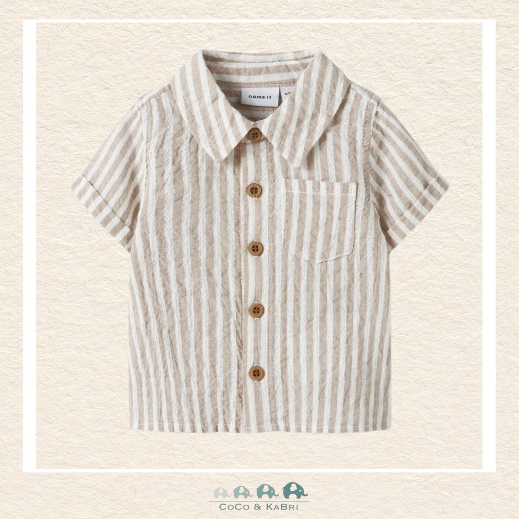 Front view of the Name It Baby Boy Button Up Shirt featuring a crisp collar, full-length button placket, and a soft organic cotton texture