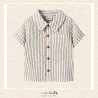 Front view of the Name It Baby Boy Button Up Shirt featuring a crisp collar, full-length button placket, and a soft organic cotton texture