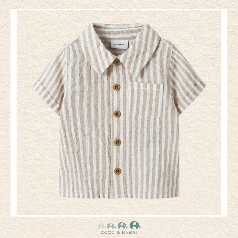 Front view of the Name It Baby Boy Button Up Shirt featuring a crisp collar, full-length button placket, and a soft organic cotton texture