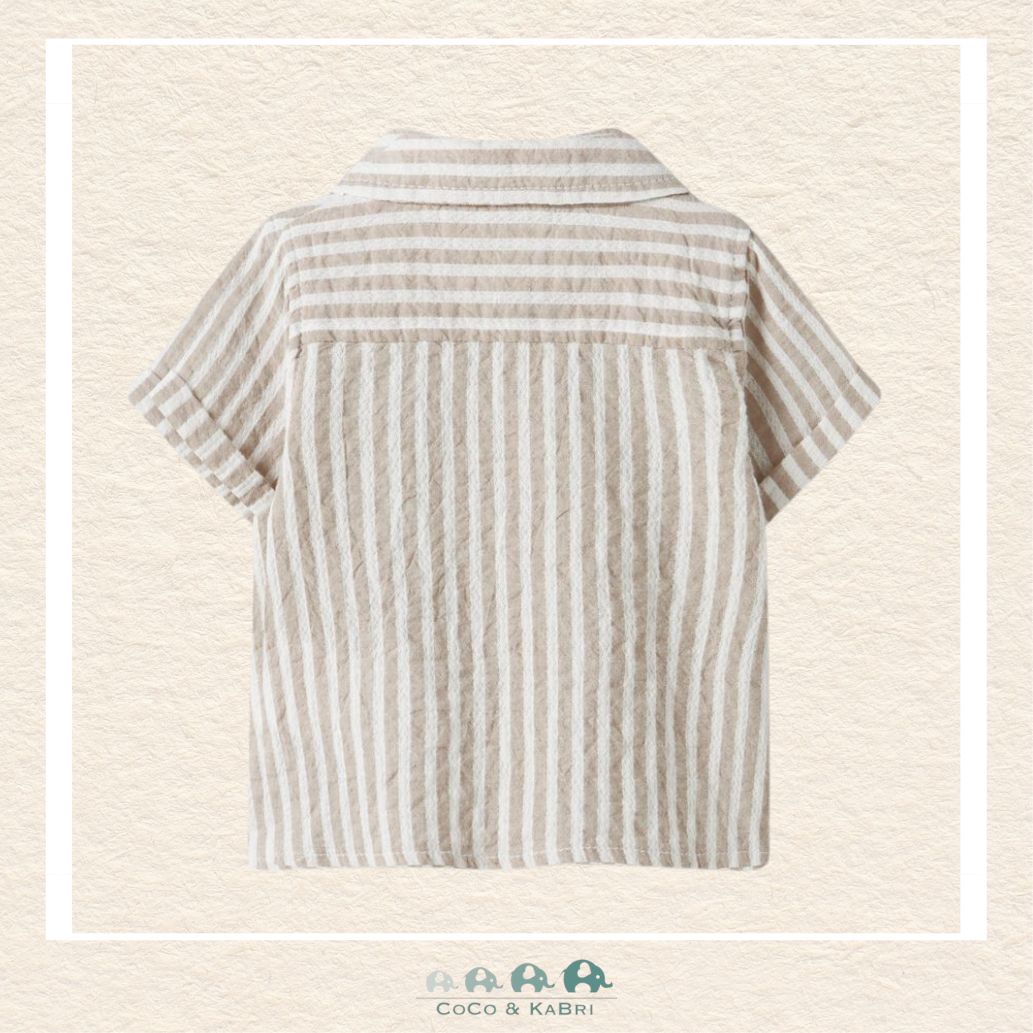 Back view of the organic cotton shirt showcasing the tailored yoke and the comfortable, relaxed fit designed for active infants