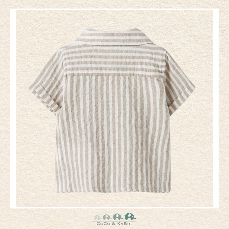 Back view of the organic cotton shirt showcasing the tailored yoke and the comfortable, relaxed fit designed for active infants