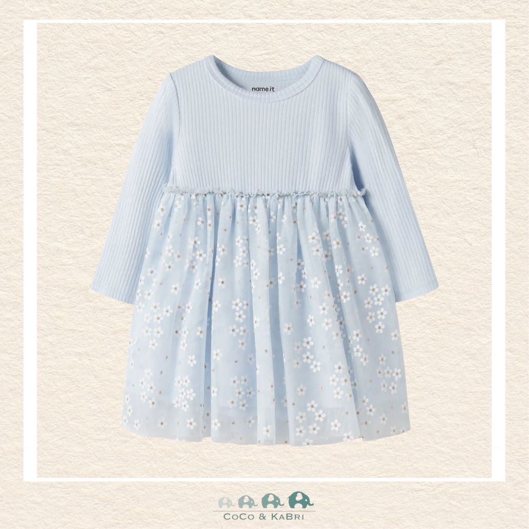 Front view of the Name It Baby Girl Blue Dress featuring a soft, contemporary silhouette and a comfortable crew neckline designed for infants