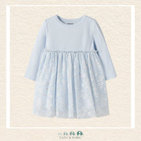 Front view of the Name It Baby Girl Blue Dress featuring a soft, contemporary silhouette and a comfortable crew neckline designed for infants
