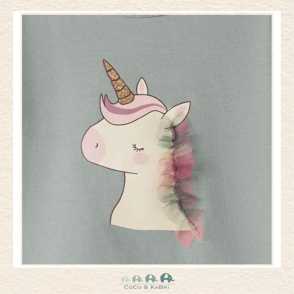 Detailed close-up of the unicorn illustration and pink fabric highlighting the vibrant graphic details and the premium, fleece-soft boutique texture