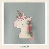 Detailed close-up of the unicorn illustration and pink fabric highlighting the vibrant graphic details and the premium, fleece-soft boutique texture