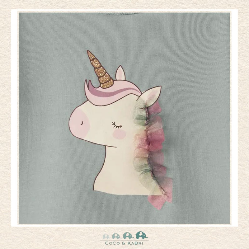 Detailed close-up of the unicorn illustration and pink fabric highlighting the vibrant graphic details and the premium, fleece-soft boutique texture