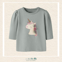 Front view of the Name It Girls' Pink Sweatshirt featuring a whimsical unicorn graphic and a cozy, soft-touch crew neckline