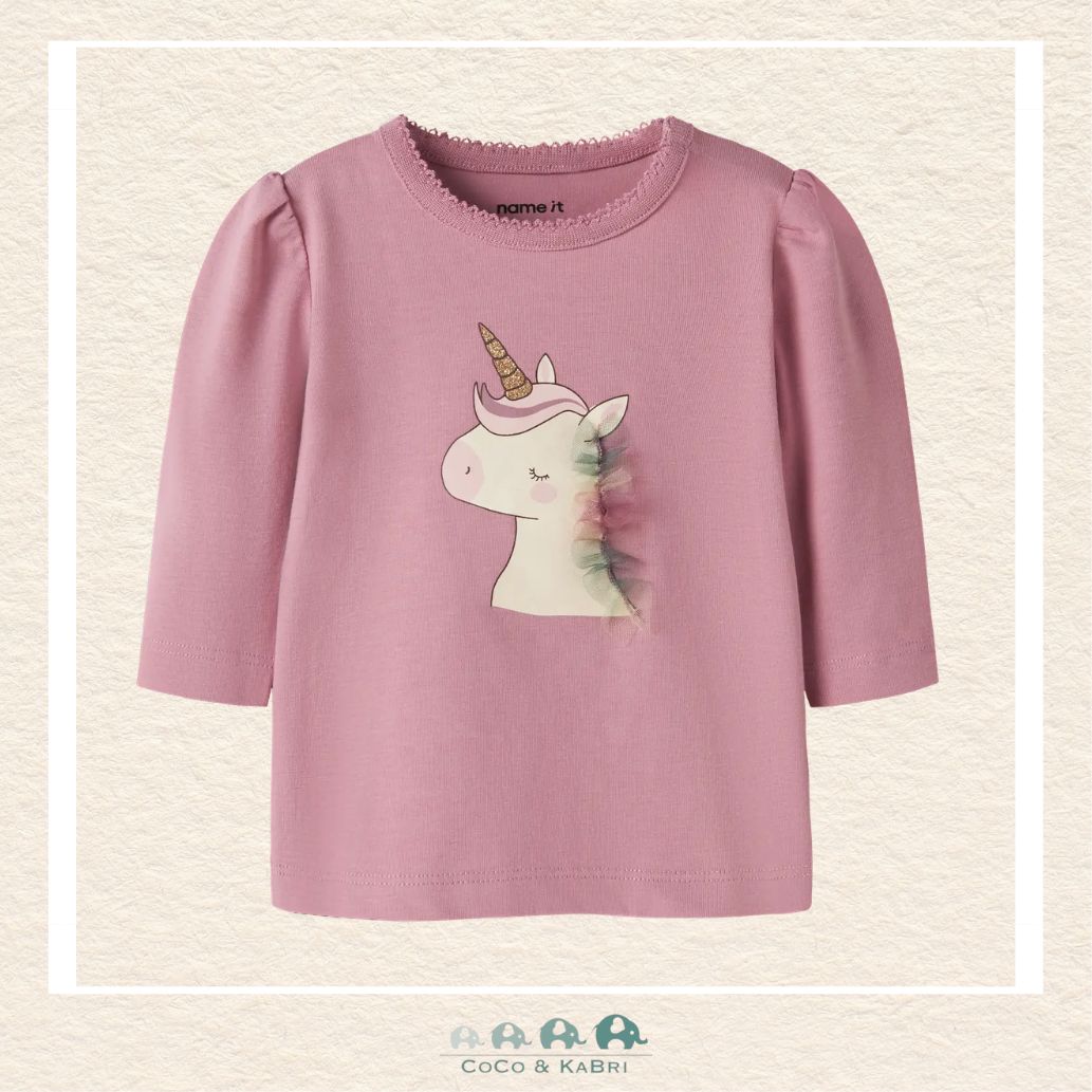 Front view of the Name It Girls' Pink Sweatshirt featuring a whimsical unicorn graphic and a cozy, soft-touch crew neckline