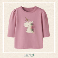 Front view of the Name It Girls' Pink Sweatshirt featuring a whimsical unicorn graphic and a cozy, soft-touch crew neckline