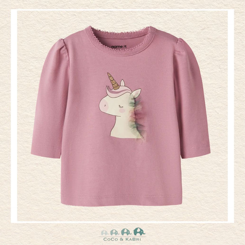 Front view of the Name It Girls' Pink Sweatshirt featuring a whimsical unicorn graphic and a cozy, soft-touch crew neckline