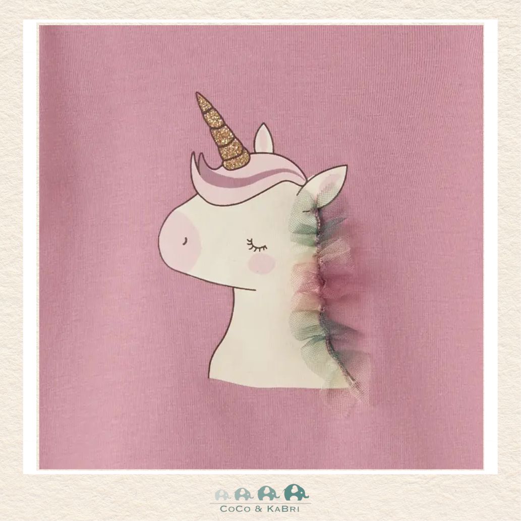 Detailed close-up of the unicorn illustration and pink fabric highlighting the vibrant graphic details and the premium, fleece-soft boutique texture
