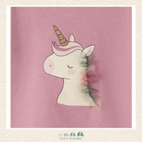 Detailed close-up of the unicorn illustration and pink fabric highlighting the vibrant graphic details and the premium, fleece-soft boutique texture