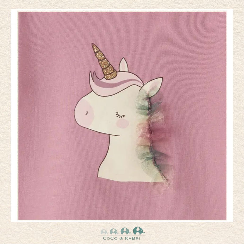 Detailed close-up of the unicorn illustration and pink fabric highlighting the vibrant graphic details and the premium, fleece-soft boutique texture
