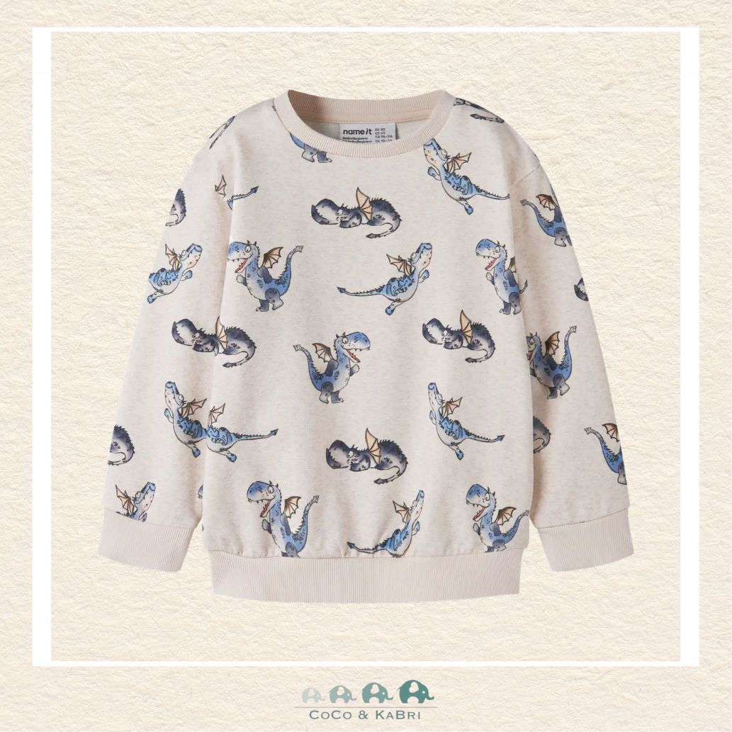 Front view of the Name It Boys' Sweatshirt featuring a bold dragon graphic and a comfortable ribbed crew neckline
