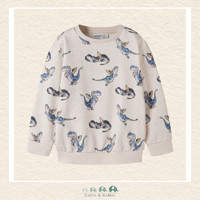 Front view of the Name It Boys' Sweatshirt featuring a bold dragon graphic and a comfortable ribbed crew neckline