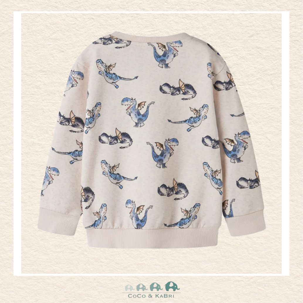 Back view of the dragon-themed sweatshirt showcasing the high-quality knit construction and the relaxed, play-ready fit through the shoulders