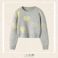 Front view of the Name It Gray Sweater featuring a charming yellow heart pattern and a comfortable rib-knit crew neckline