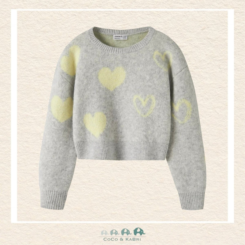 Front view of the Name It Gray Sweater featuring a charming yellow heart pattern and a comfortable rib-knit crew neckline