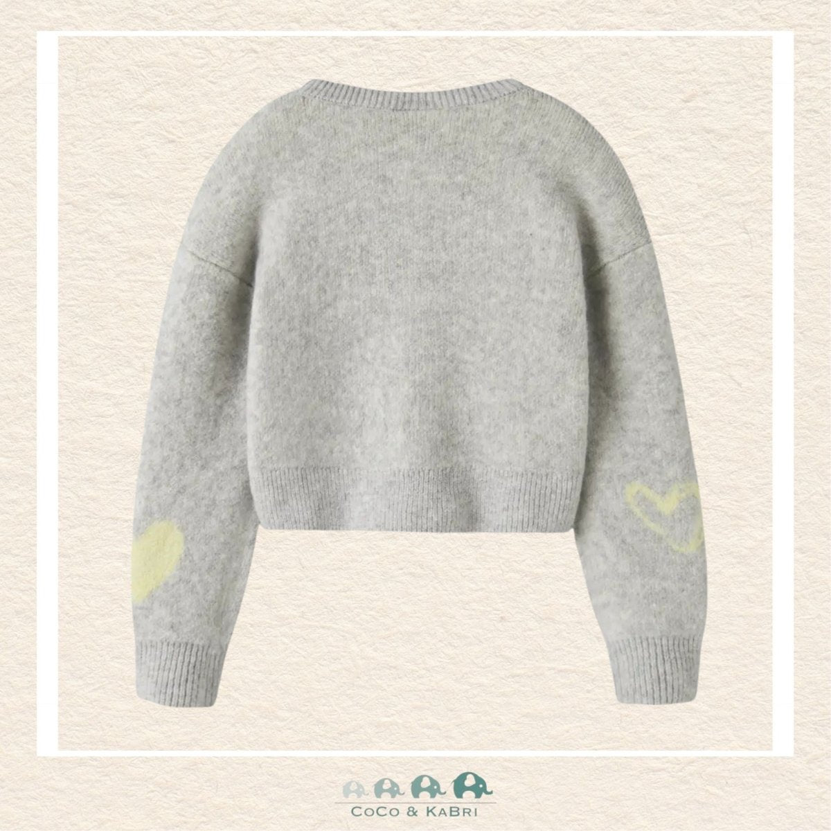 Back view of the gray heart-print sweater showcasing the consistent pattern alignment and the soft, high-quality knit finish across the shoulders