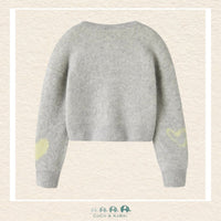 Back view of the gray heart-print sweater showcasing the consistent pattern alignment and the soft, high-quality knit finish across the shoulders
