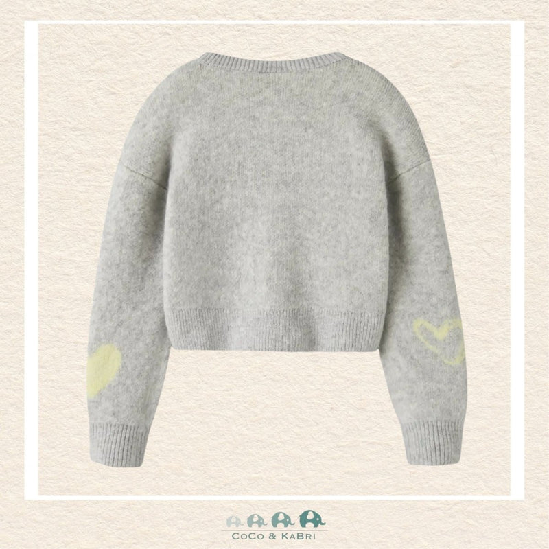 Back view of the gray heart-print sweater showcasing the consistent pattern alignment and the soft, high-quality knit finish across the shoulders