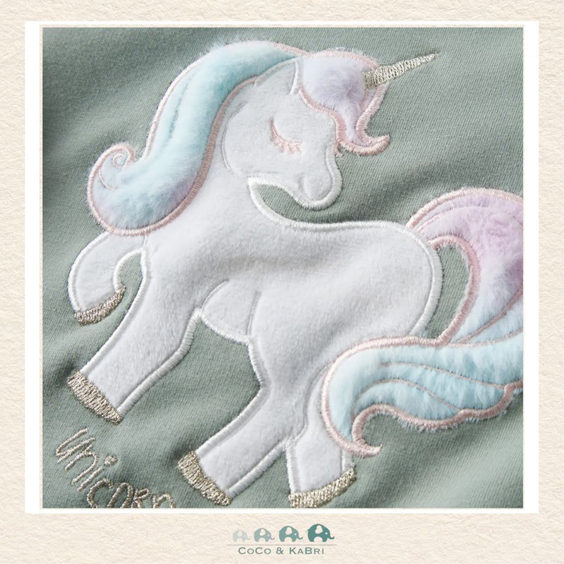 Detailed close-up of the unicorn illustration and fabric highlighting the rich green hue and the high-quality, durable boutique knit texture