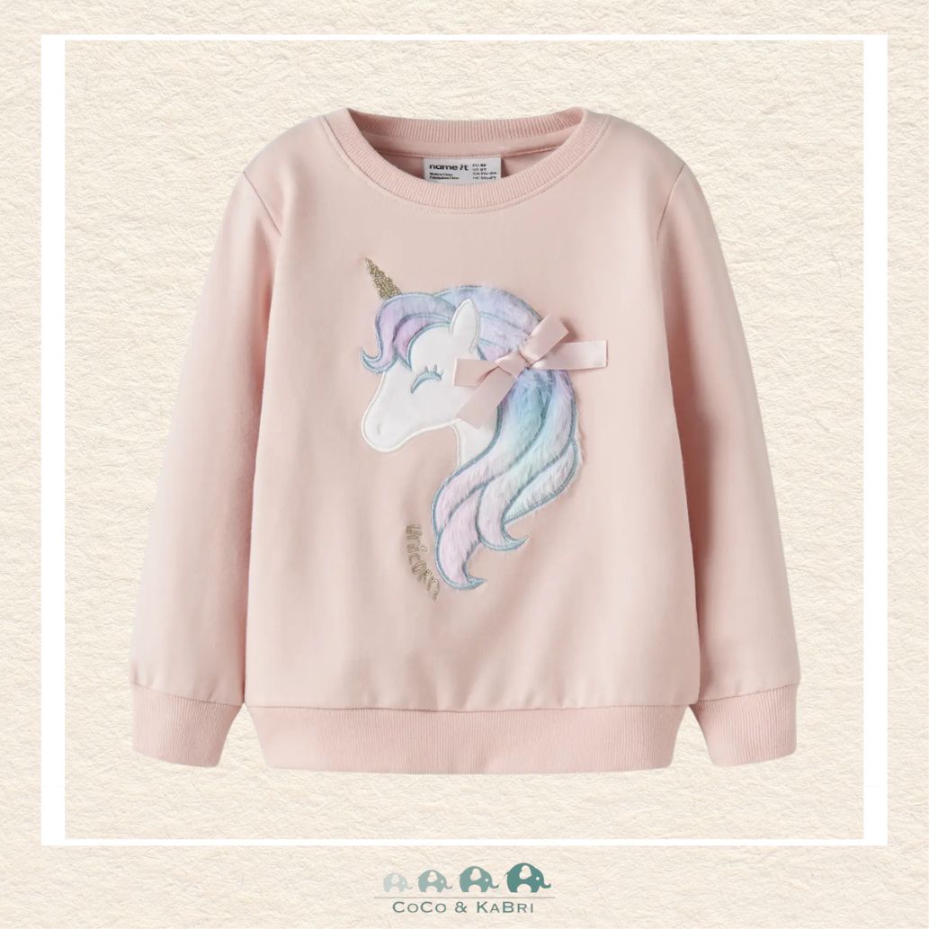 Front view of the Name It Girls' Pink Sweatshirt featuring a whimsical unicorn graphic and a cozy, soft-touch crew neckline