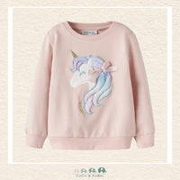 Front view of the Name It Girls' Pink Sweatshirt featuring a whimsical unicorn graphic and a cozy, soft-touch crew neckline