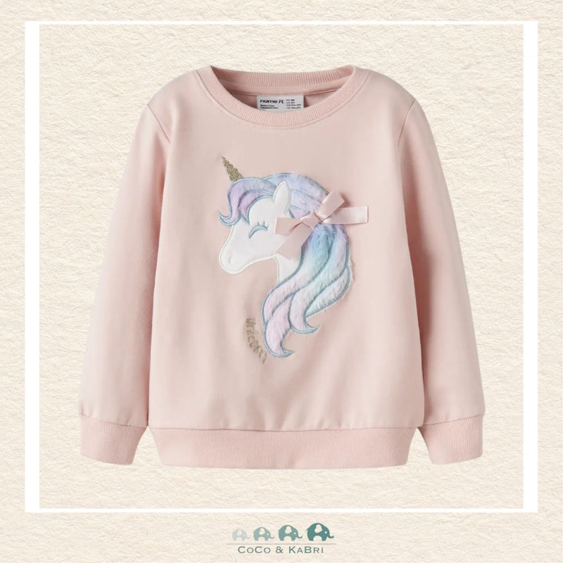 Front view of the Name It Girls' Pink Sweatshirt featuring a whimsical unicorn graphic and a cozy, soft-touch crew neckline