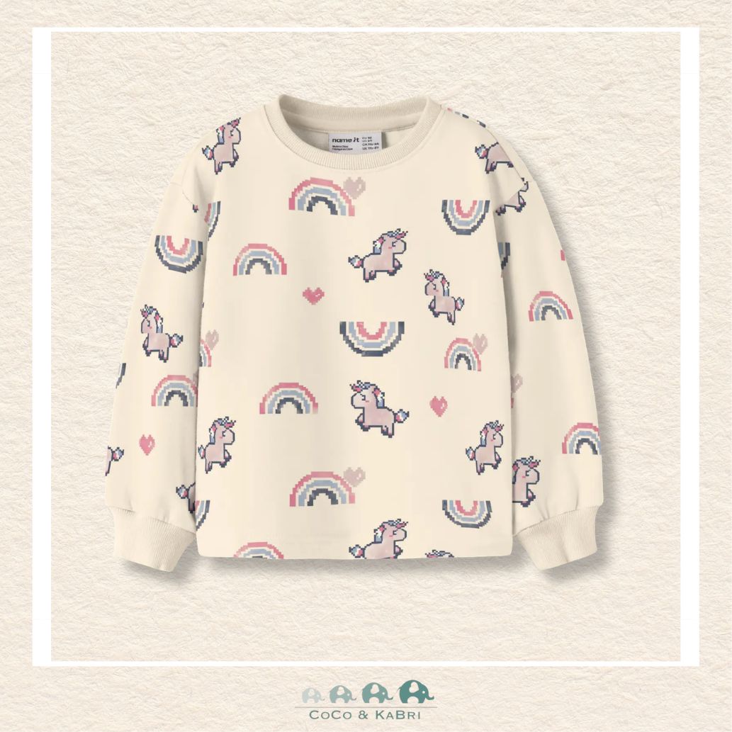 Front view of the Name It Girls' White Sweatshirt featuring a vibrant rainbow and unicorn graphic with a comfortable ribbed crew neckline