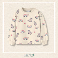 Front view of the Name It Girls' White Sweatshirt featuring a vibrant rainbow and unicorn graphic with a comfortable ribbed crew neckline