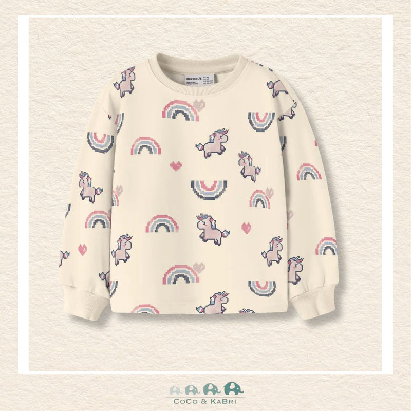 Front view of the Name It Girls' White Sweatshirt featuring a vibrant rainbow and unicorn graphic with a comfortable ribbed crew neckline