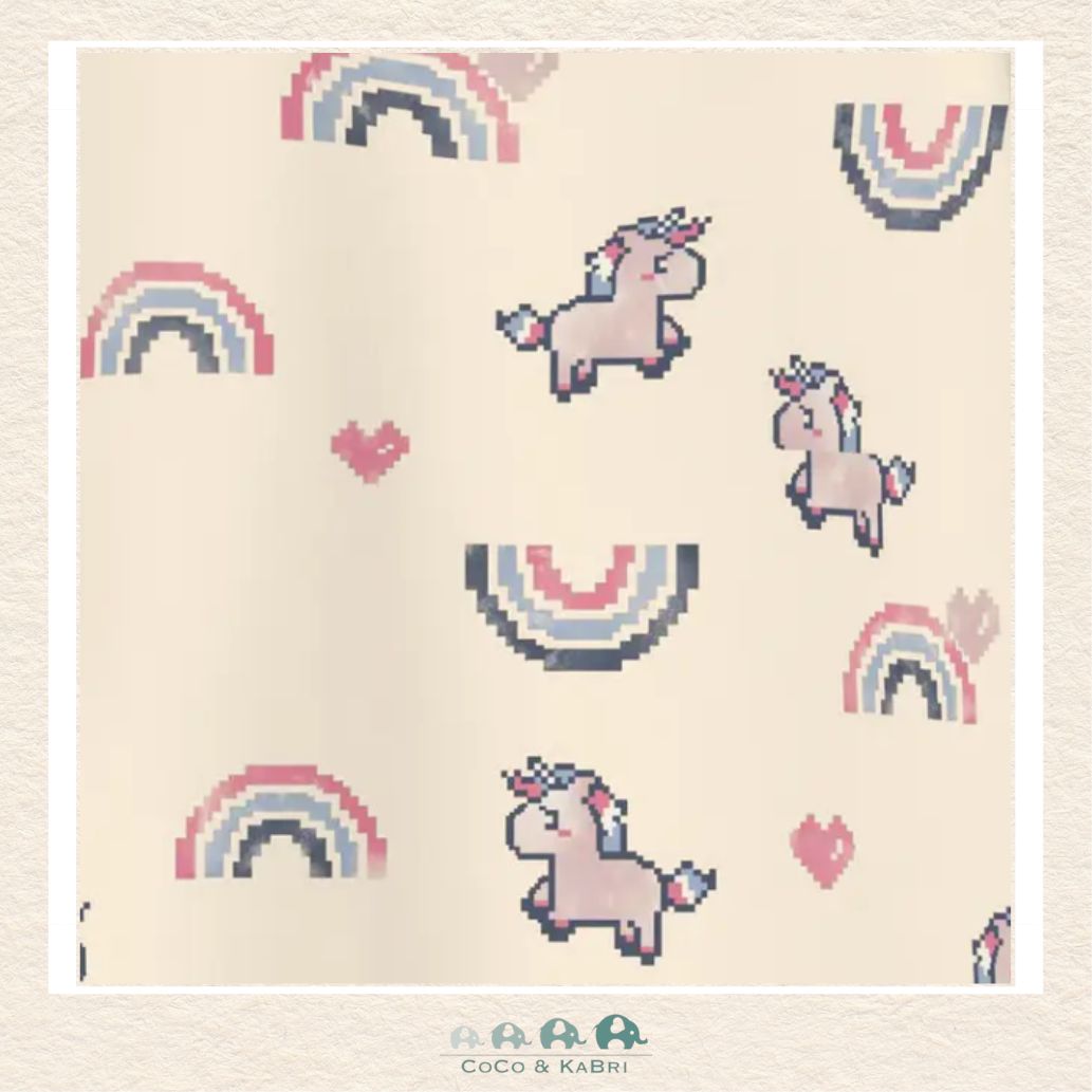 Detailed close-up of the rainbow and unicorn artwork highlighting the crisp print quality and the premium, soft-touch fleece-lined fabric