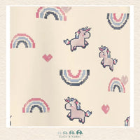 Detailed close-up of the rainbow and unicorn artwork highlighting the crisp print quality and the premium, soft-touch fleece-lined fabric