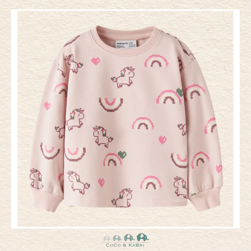 Front view of the Name It Girls' Pink Sweatshirt featuring a vibrant unicorn and rainbow graphic with a cozy ribbed crew neckline