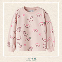 Front view of the Name It Girls' Pink Sweatshirt featuring a vibrant unicorn and rainbow graphic with a cozy ribbed crew neckline