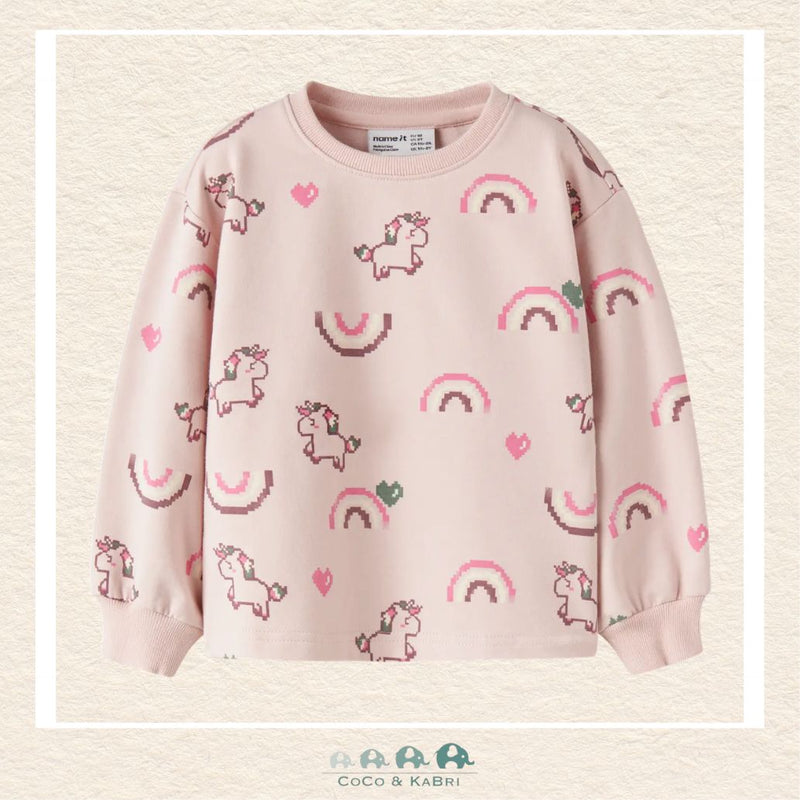 Front view of the Name It Girls' Pink Sweatshirt featuring a vibrant unicorn and rainbow graphic with a cozy ribbed crew neckline