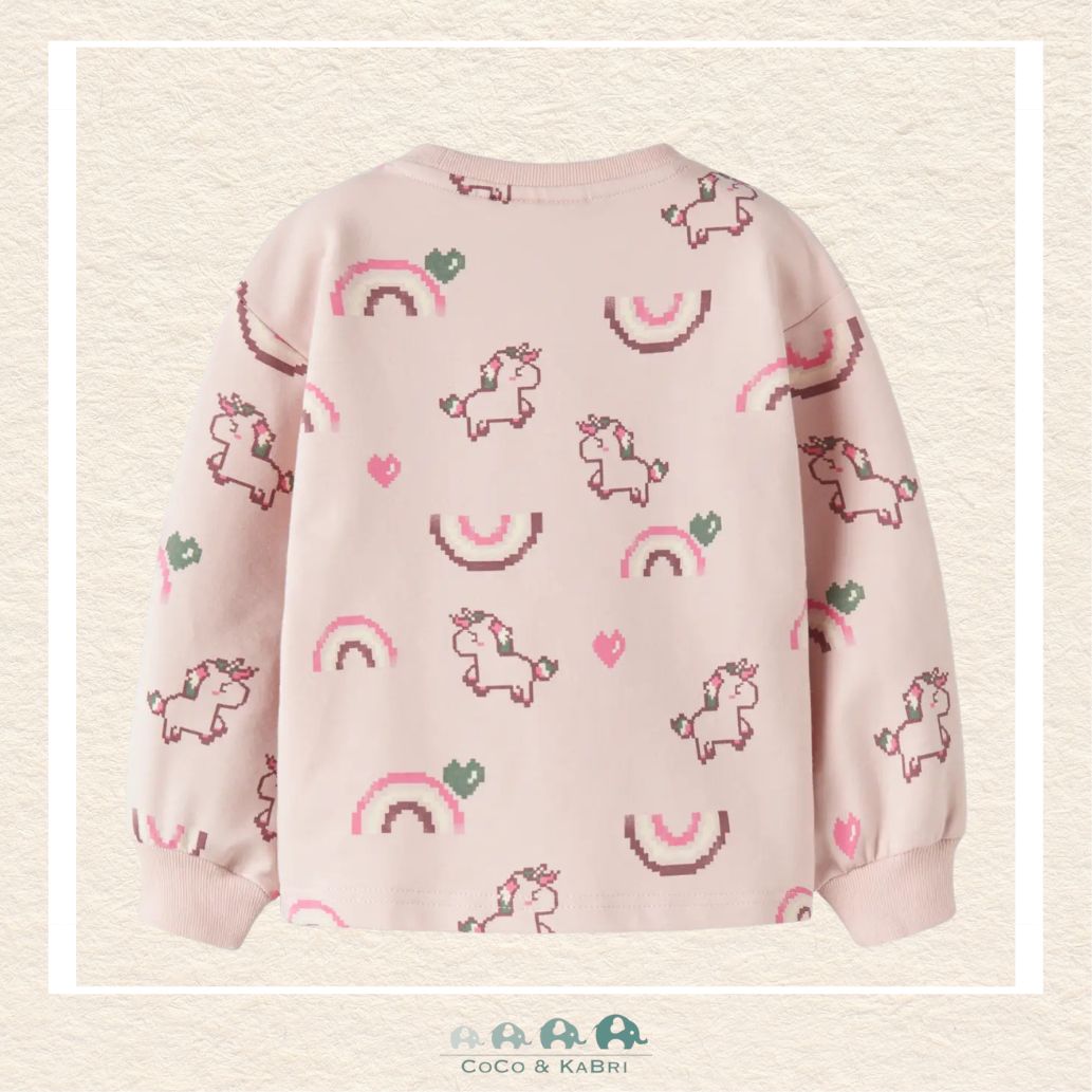 Back view of the pink graphic sweatshirt showcasing the high-quality tailoring and the soft, relaxed fit through the shoulders