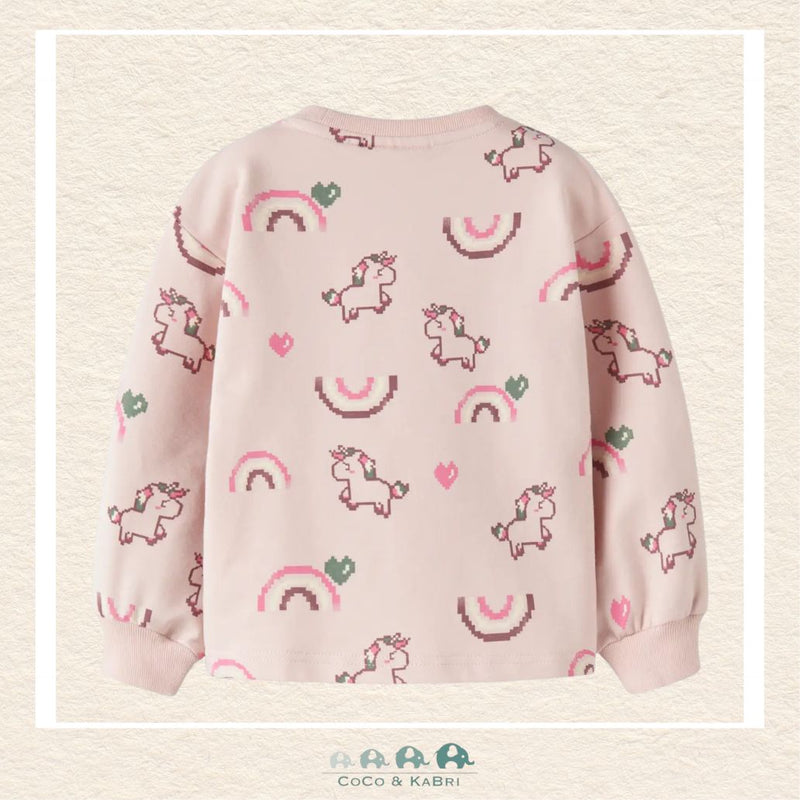 Back view of the pink graphic sweatshirt showcasing the high-quality tailoring and the soft, relaxed fit through the shoulders