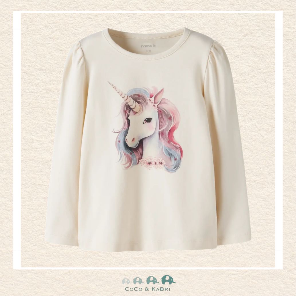 Front view of the Name It Girls' White Top featuring a magical unicorn graphic and a comfortable, modern crew neckline