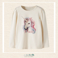 Front view of the Name It Girls' White Top featuring a magical unicorn graphic and a comfortable, modern crew neckline
